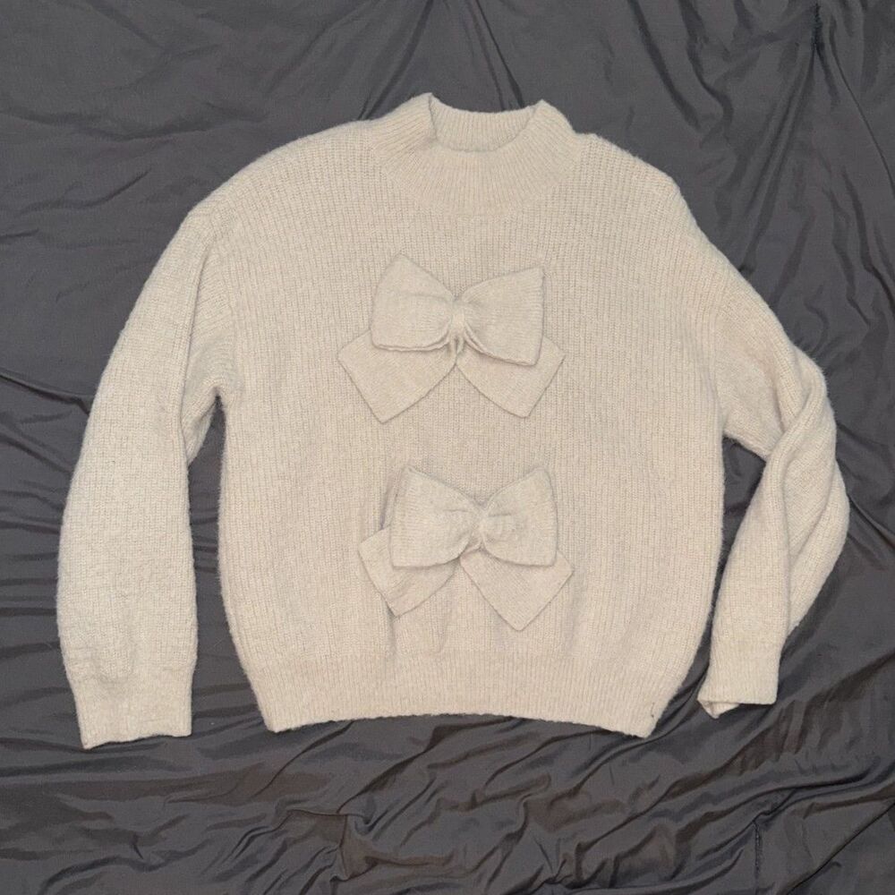 Cato Women's Cream Sweater Size Large Mock Neck Bow Detail Soft Knit Pullover